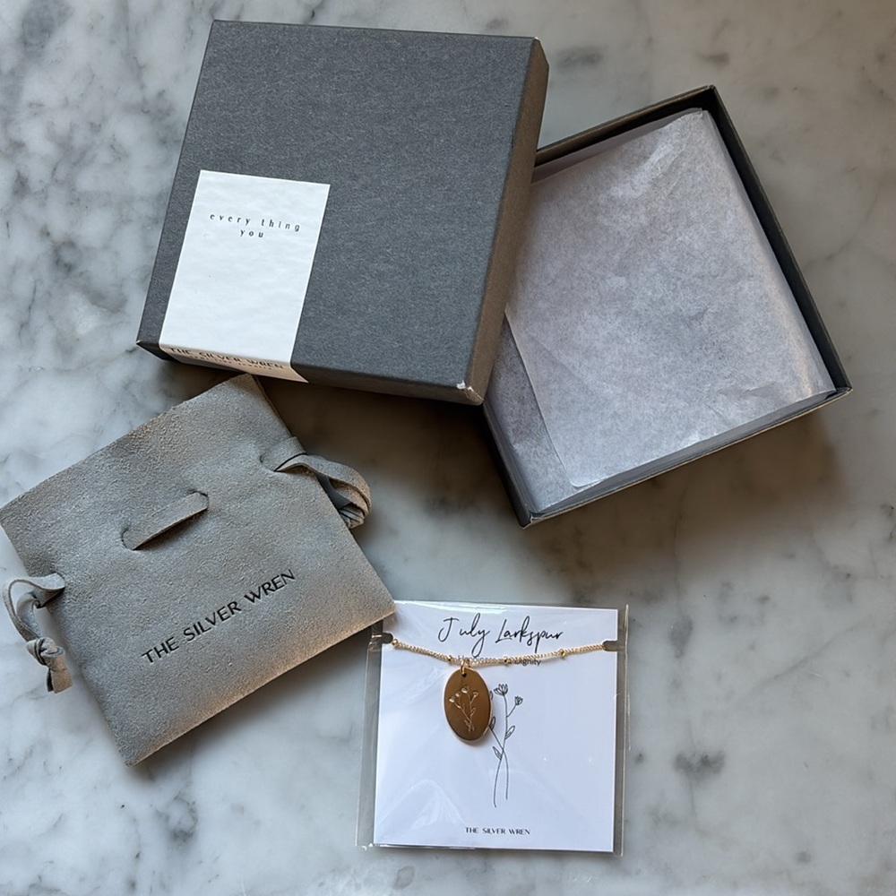 The Silver Wren July Birth flower Larkspur Dainty Necklace